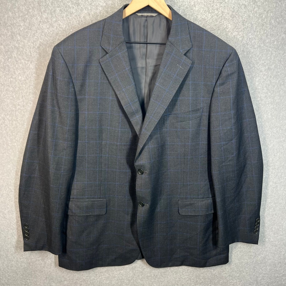 Canali Mens 48R Wool Blazer Sport Coat Grey Blue Windowpane‎ Plaid Made in Italy